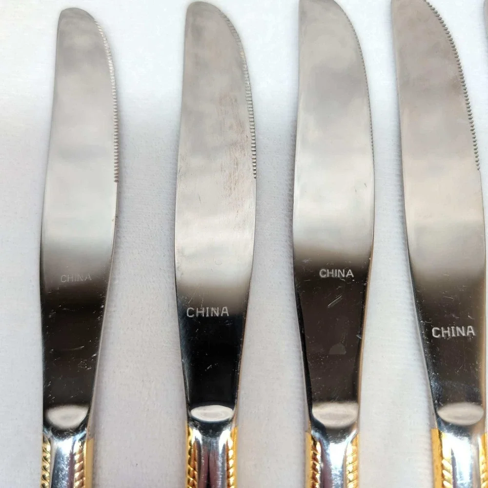 Set of 6 Stainless Steel Dinner Knives Gold Rope Trim Two Tone 9 Inch Flatware